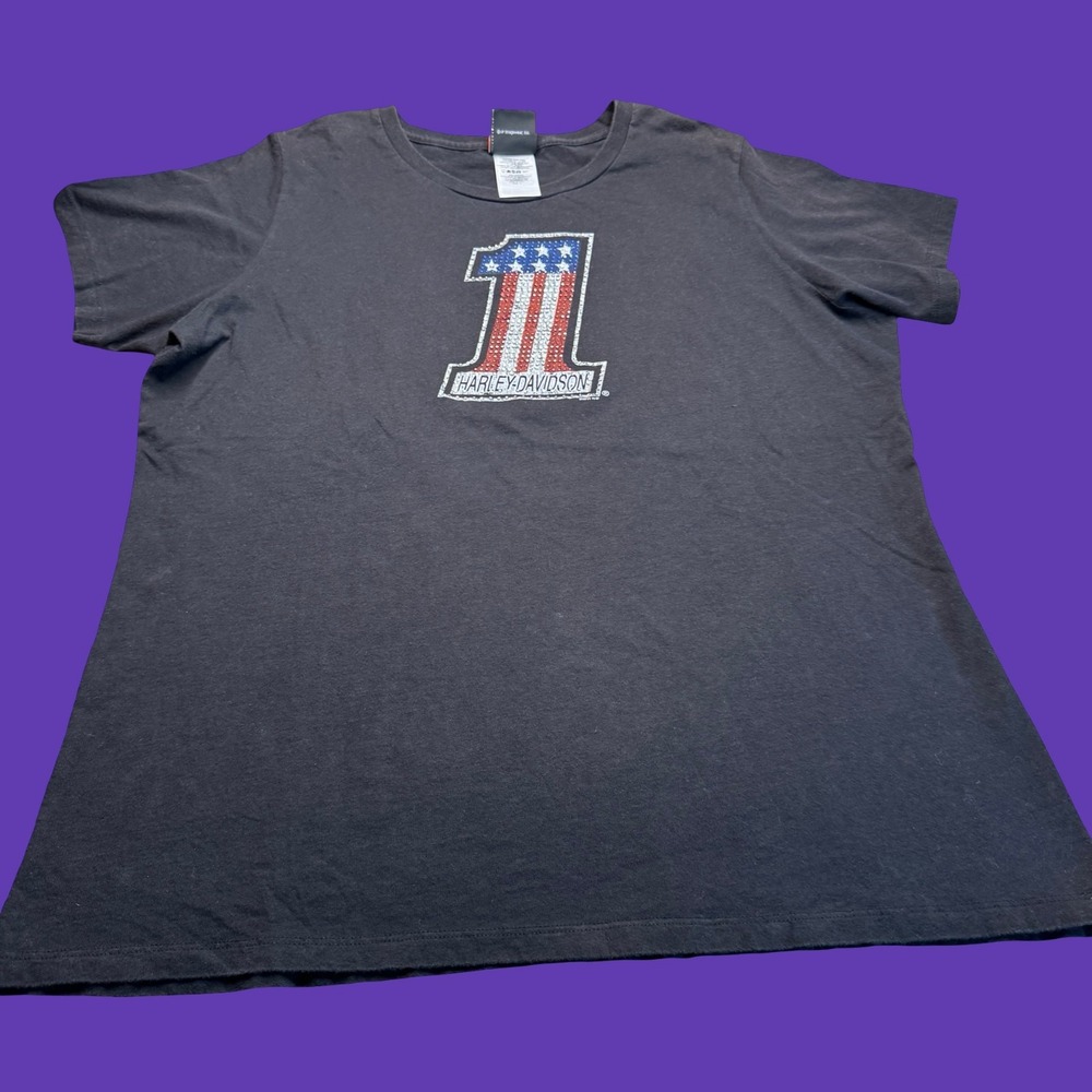 Harley Davidson Womens T Shirt XL Black Rhinestone #1 USA Flag Biker Motorcycle